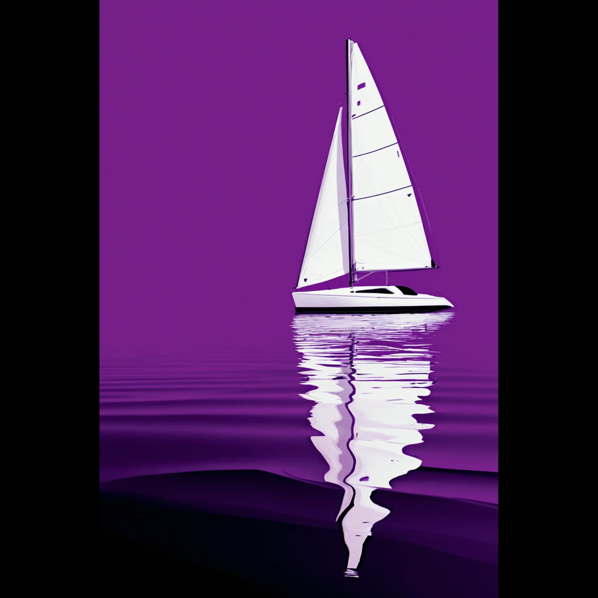 Minimalist sailboat seascape wall art featuring a solitary vessel, reflective water, and an open horizon. Fine art print from the ColorVanta US Store.
