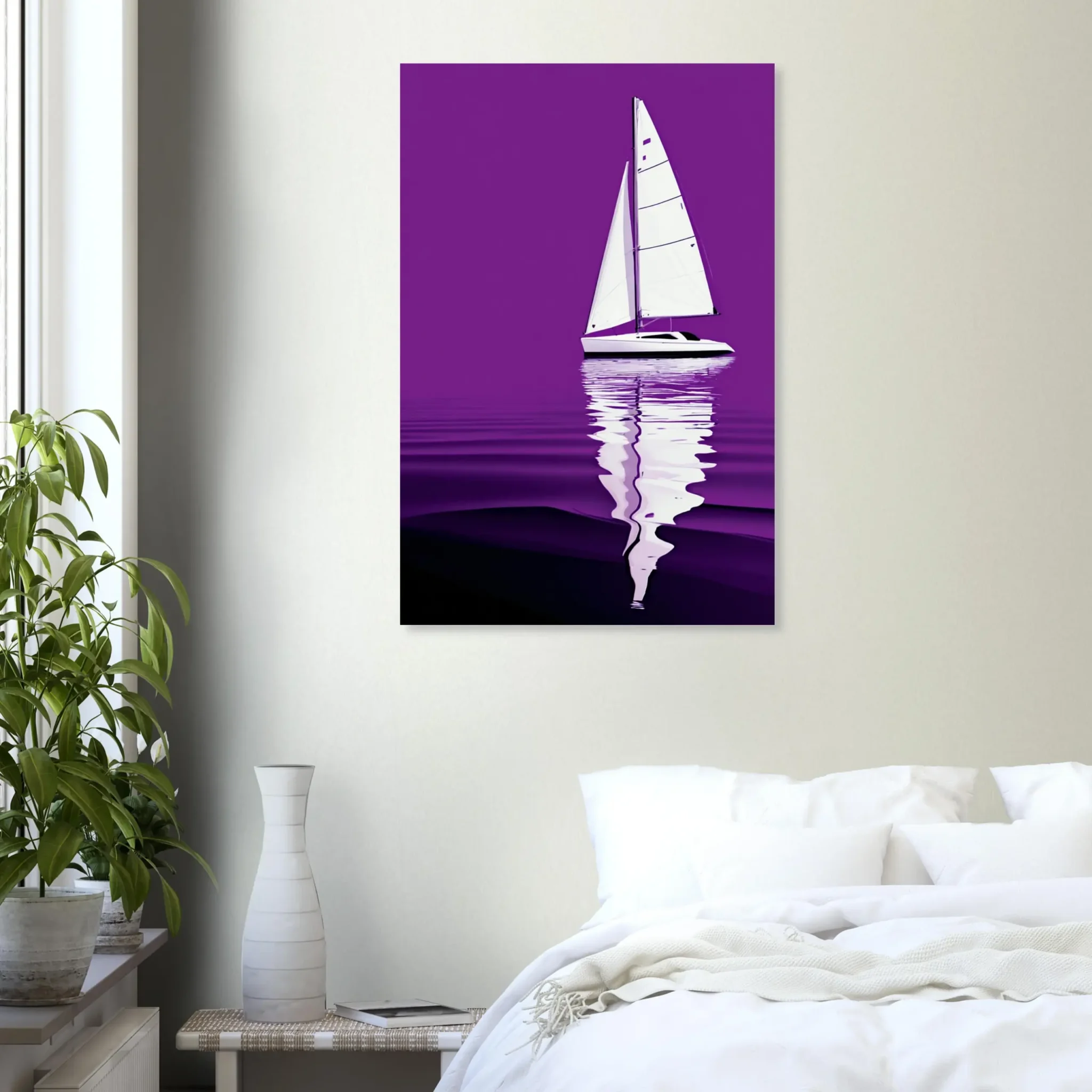 Minimalist sailboat seascape wall art featuring a solitary vessel, reflective water, and an open horizon. Fine art print from the ColorVanta US Store.
